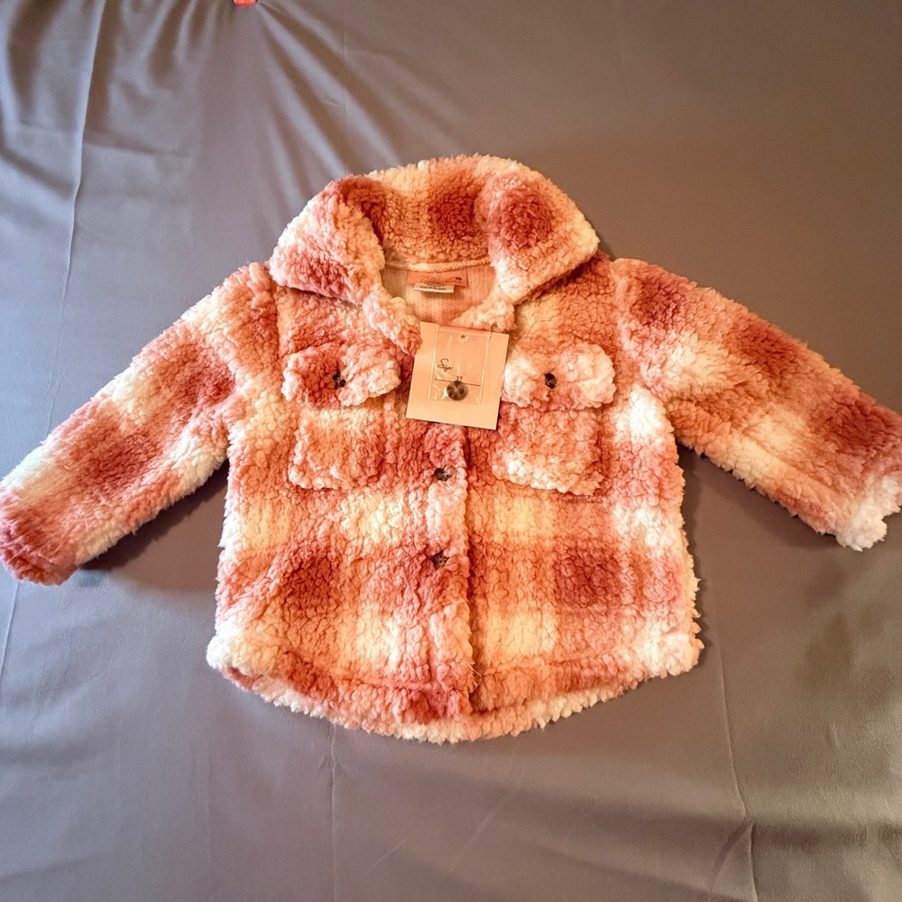 Girls 3T Cozy Plaid Sherpa Fleece Lined Jacket Button Front Pink White NWT‎